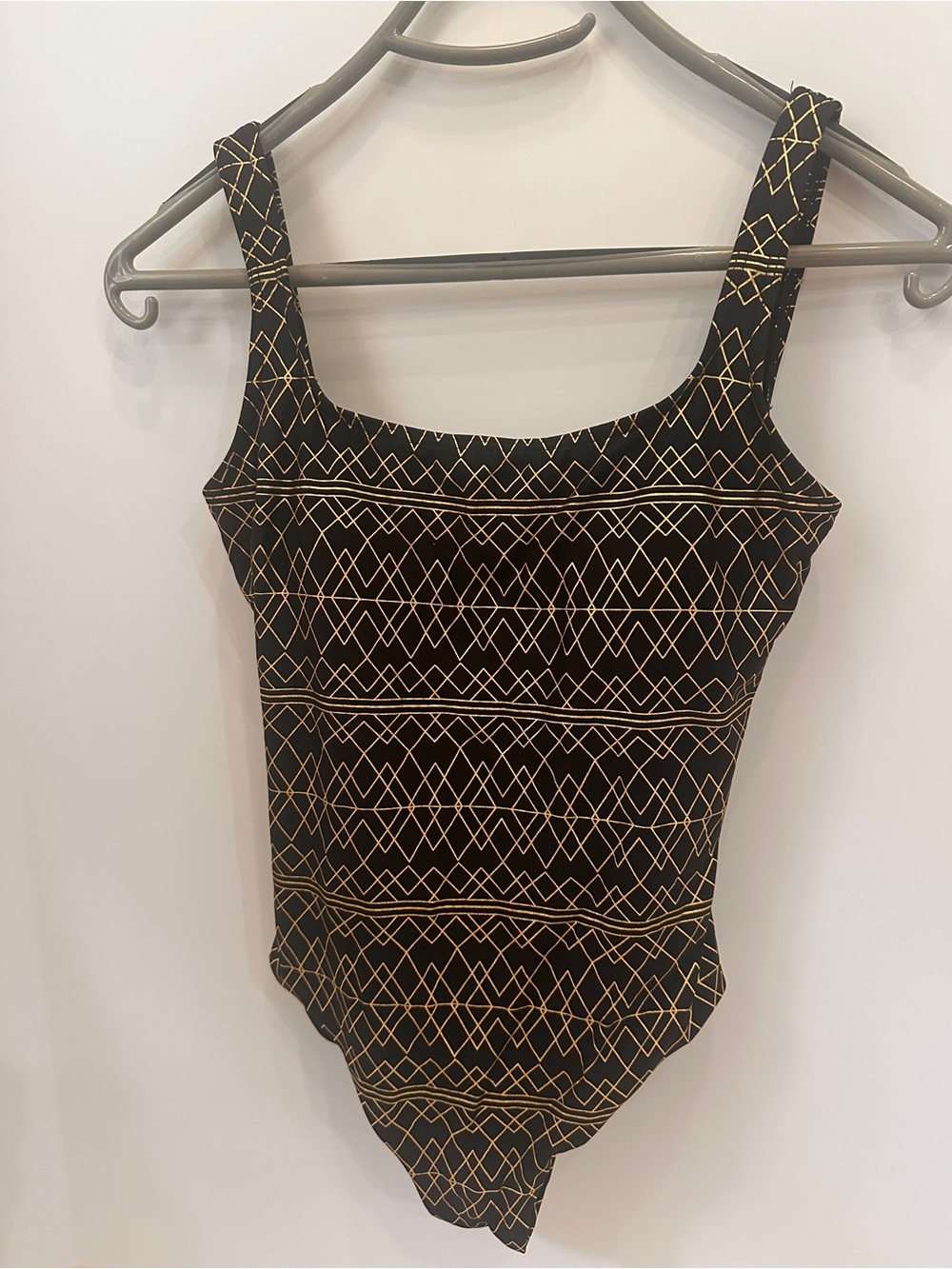 Black One-Piece Swimsuit with Gold Geometric Print